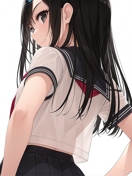 masterpiece,best quality,newest,
1girl,solo,
<lora:ikuta_risa_ilxl_v1.1:1>,risa,hairclip,black hair,black eyes,
r_clothes,serafuku,red neckerchief,short_sleeves,black skirt,
<lora:Fixhands_anime_bdsqlsz_V1:1>,looking_at_viewer,simple_background,white background,face_focus,upper_body,hand_in_hair,smile,profile,cowboy_shot,looking_back,from behind,hands on own hips,