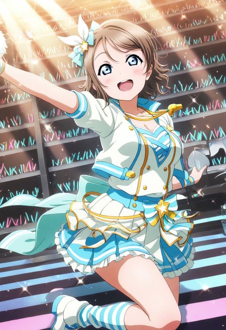 masterpiece, best quality, solo, 1girl, aged up, happy, medium breasts, 
 you_watanabe, watanabe_you, brown hair, blue eyes, short hair, swept bangs, sporty idol costume, cropped jacket, pleated mini skirt, striped socks, whistle necklace, bright gymnasium stage, spotlights shining down, cheering crowd, mid-leap with an excited smile, full of vitality and team spirit