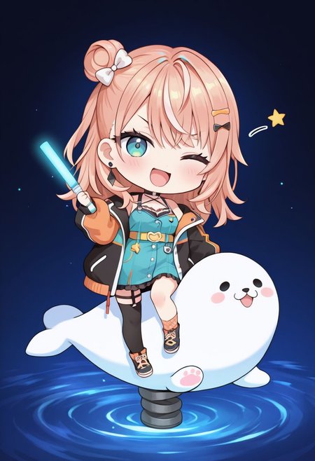 (anime coloring:0.8), (anime screencap:0.5), (masterpiece, best quality, newest, absurdres, highres),official art, official style, colorful,
white background,  ((water world, )) standing on liquid, ((chibi, minimalism, ))
1girl, 
<lora:niji-rika:0.8> niji-rika, large breasts, blue eyes, long eyelashes, orange hair, streaked hair,  long hair, single hair bun, side hair bun, hair bow, white bow, hairclip, star hair ornament,  
niji-rikacos1, aqua dress, short dress, frilled dress, sleeveless dress, criss-cross straps, backless dress, cleavage, yellow belt, cat-shaped buckle, black thigh band, asymmetrical legwear, mismatched legwear, uneven legwear, black thighhigh, short socks, orange socks, plaid socks, black choker, o-ring choker, 
rikacos1-jacket, multicolored jacket, two-tone jacket, orange jacket, black jacket, open jacket, puffy long sleeves, off shoulder, 
<lora:springrider_Illust_v1:0.8> spring rider, sitting, shoes, riding, outdoors, holding, seal (animal),
smile, light blush, open mouth, doyagao, v-shaped eyebrows,  
solo focus, motion lines, squatting, looking at viewer, 
one eye closed, wink star, knees up, hands on floor, 
holding glowstick,