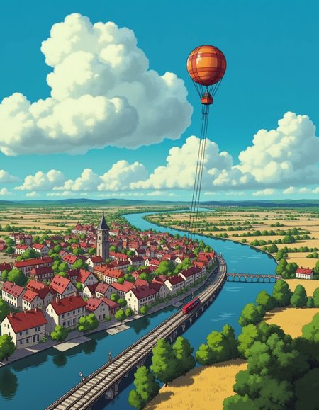 <lora:Studio_Ghibli_Flux:1> ghiblistyle, ariel view of a swedish town, farmland surrounding it,  river, train track, train, blue sky clouds, steampunk blimp in background