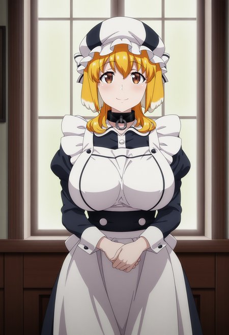 1girl,solo,mm,mature female,dog ears,dog girl,brown eyes,blonde hair,large breasts,anime coloring,
maid,mob cap,hat,,looking at viewer, own hands together, smile,indoors,cowboy shot, 
,masterpiece,best quality,amazing quality,<lora:Roxanne-Isekai_meikyuu_de_harem_wo_IL:0.8>