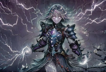 (Masterpiece:1.3), (best quality:1.2), (detailed background:1.1), (intricate details:1.1), (detailed background:1.2), 1girl, solo focus, standing, perfect anatomy, 
bleakfaith,
source_anime, night sky, dark cloud background, sky background, lightning on background, only purple lightning, purple lightning, dark purple theme,
BREAK
watercolor, chinese,traditional,
BREAK
(purple hair:1.2),(pale skin:1.3), (purple skin:1.5),1girl,solo, mysterious, vivid color, shiny, (short purple hair), bob cut hair, purple eyes,glowing purple pupils,
laugh arrogantly,
BREAK
armor(dark suit,armor, animal chest plate), lightning, dark purple lightning on armor, chinese style, 
spraks in hand,
BREAK
looking at the viewer, front view, full view,
best quality, ultra-detailed, absurdres, detail face, best quality, hires textures, high detail, (4k),incredibly detailed
NegativeDynamics,