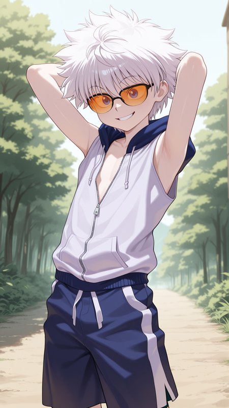 masterpiece, best quality, amazing quality, 1boy, solo, <lora:IlluKillua:1> illukillua, white hair, shorts, hoodie, sleeveless, no shirt, orange tinted eyewear, grin, partially unzipped, arms behind head, outdoors, partially opaque glasses,