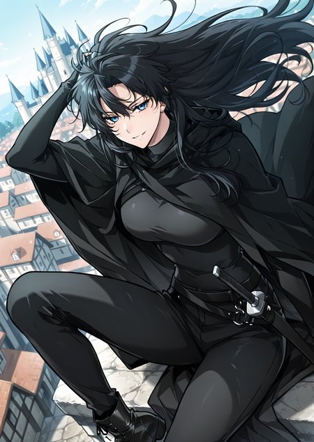 <lora:Omniscient_Readers_Viewpoint__Yoo_Joonghyuk_Female:1>
1girl, solo, black hair, long hair, wavy hair, loose hair, blue eyes, 
black outfit, black cloak, black long coat, cape, tight suit, black belt, black gloves, black pants, black boots, tactical outfit, katana, sword, sword sheath,
score_9, score_8_up, score_7_up, very aesthetic, source_anime, detailed, high quality, beautiful, masterpiece, detailed eyes, castle, village, blurry background, cityscape, pose dynamic angle, light smile, open mouth, hand on hair, sitting
