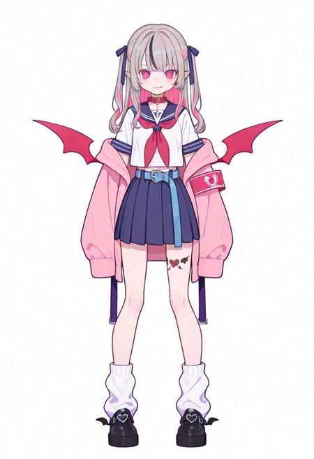 Flatline, Flat vector illustration, looking at viewer, full_body, 
niji-ririmu,flat chest,red eyes,long eyelashes,grey hair,streaked hair,multicolored hair,pink inner hair,pointy ears,fang,heart tattoo,tattoo around thigh,long hair,two side up,black hair ribbon,saggy hair ribbon,red wings,demon wings, 
niji-ririmucos1,serafuku,white shirt,short sleeves shirt,red neckerchief,midriff,blue belt,loose belt,blue skirt,miniskirt,pleats skirt,white socks,loose socks,red choker,red collar,pink jacket,off shoulder jacket,armband,long sleeves,sleeves past wrists,sleeves past fingers, 
slim, slender, fair skin, clear skin, beauty skin, smooth skin, shiny skin, beautiful legs, long legs, 
from front, front view, straight-on, look at viewer, standing, (legs apart:1.4), 
white background,