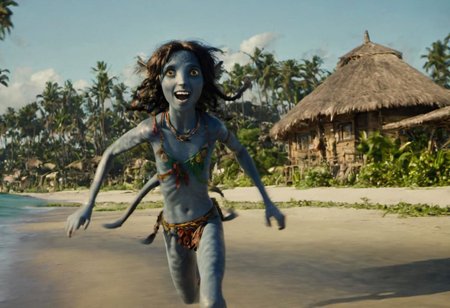 Kiri running fast and jumping on beach sand, smiling, laughing, big eyes wide open, seaside, tribal huts and trees and ((sea with (high surf))) on background, symmetrical eyes, symmetrical pupils, SK_CINEMATIC