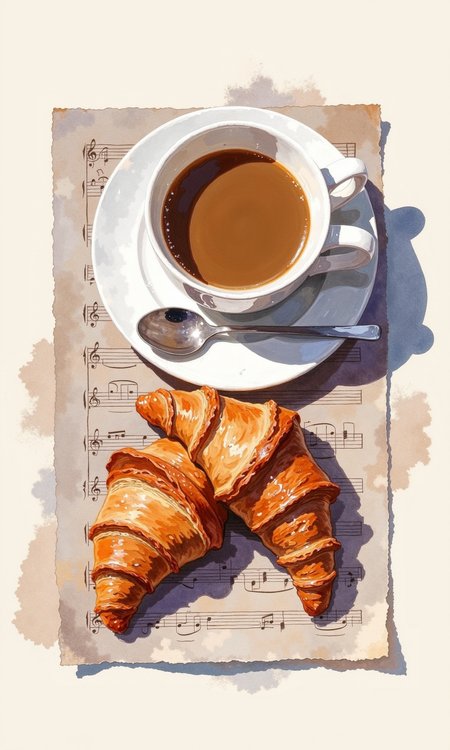 Watercolor painting of a cup of coffee and two croissants on a piece of paper, likely music manuscript paper. 
The coffee cup, white and delicate, is positioned in the upper left portion of the image. Light-brown coffee fills most of the cup. A silver spoon rests on the saucer below the cup. The saucer is also white. The lighting suggests a soft, diffused light source; shadows are subtle and gradients are used to create depth and dimension.
Two croissants are arranged on top of the paper underneath the cup. They are a warm golden brown color, with visible layers and a slightly wavy, flaky texture. The croissants are positioned with one overlapping the other. 
The paper underneath the items has a muted grayish-purple tone, consistent with aged or lightly stained musical manuscript paper. The faint lines and markings of the music notation paper are subtly visible through the washes of color. 
The overall impression is of a simple, everyday breakfast scene, rendered with a soft, delicate watercolor style. The color palette is muted and natural, focusing on warm browns and creams.
<lora:FLUX-daubrez-DB4RZ-v2:1> DB4RZ, DB4RZ style painting