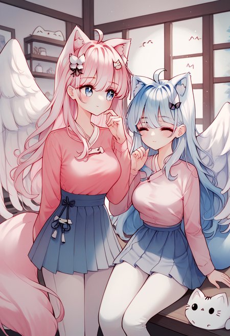 score_9, score_8_up, score_7_up, score_6_up, long hair, breasts, blush, smile, bangs, blue eyes, multiple girls, skirt, shirt, hair ornament, long sleeves, 2girls, animal ears, hair between eyes, medium breasts, very long hair, closed mouth, blue hair, tail, closed eyes, pink hair, ahoge, :d, pleated skirt, parted lips, wings, pants, indoors, hand up, blue skirt, animal ear fluff, grey eyes, animal, cat, feathered wings, grey skirt, pink shirt, white pants, white wings,
<lora:tando_v0.4-pony:1>
