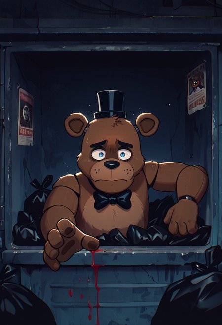 masterpiece, best quality, amazing quality, very aesthetic, absurdres, newest, detailed background,
cartoon, screencap, 
freddyit, 1boy, black mini top hat, black bowtie, bear ears, joints,  animatronic,
inside dumpster, reaching out, covered in blood, sad, closed mouth, frown, dark alleyway, missing posters, trash bags, garbage,