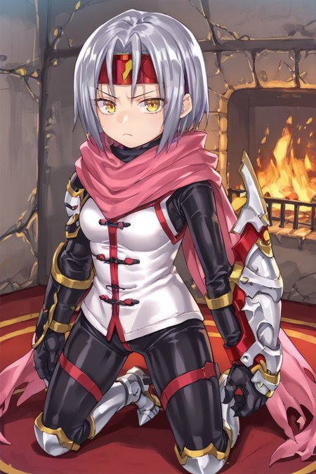 score_9, score_8_up, score_7_up, score_6_up, source_anime, BREAK, <lora:Zilva:0.65> , zildef, 1girl, short hair, grey hair, yellow eyes, red headband, mask, scarf, pink scarf, white sweater vest, white shirt, bodysuit, black bodysuit, bodysuit under clothes, (single gauntlet), black gloves, sheathed, armored boots, (kneeling), looking at viewer, serious expression, closed mouth, full body, <lora:detailed_backgrounds_v2:0.6> , masterpiece, best quality, very aesthetic, absurdres, indoors, cave, interior, dark, fireplace, stalactites,  <lora:2024_PandoraBox_V1:0.5> , P4ndora_PS,