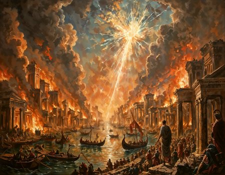 A gorgeous dramatic oil painting,  wide angle view of the ancient roman city on fire, smoke, rubble, panic, on the left side is a dock with ancient roman boats fleeing the chaos, in the sky there is a glass like crack as if sky has broken like glass and a bright light shining through it onto the city,  detailed, statues of roman kings collapsing, 



