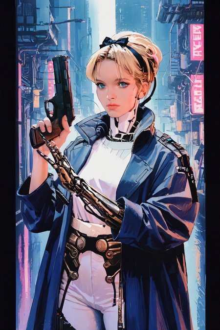 zPDXL3, <lora:80s_Vintage_Porn_Magazine_Style_V2:0.7>, 80spm, vintage porn, 80s era, 1980s photo, 1girl, <lora:CyberWare:0.8>, cyb3rwar3, cybernetic arms, <lora:AliceInWonderlandXLPony_character:0.8>, alicewaifu, blue eyes, blue leather trench coat, white pants, white shirt, black hairband, bow, blonde, holding a futuristic handgun, in a cyberpunk city at night, punk, neon