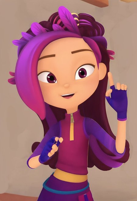 Winks and points her finger at the viewer. No background. Clothed. Colored.