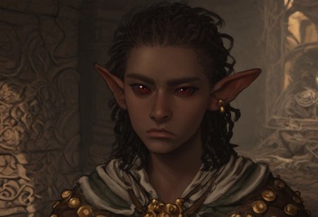 solo, short pointy ears, piercings, random elf face, aquiline features, male dark elf, masculine, medium dark skin, weathered skin, large nose, athletic build,  animated realism, zoomed out, Syrian features, torso, brass pipes and gears, intricate architecture, dwarven masonry, dwemer fixtures, white-green light, gloomy lighting, ancient ruins, interior, stone tiled floor, grey-blue skin, mahogany and ivory clothes, medium armor, bone plate armor, ivory straps and fittings, grey wood neckguard, dark red sclera, black pupils, distant mushroom forest, blue-green light, neon, highly detailed, defined features, looking at viewer, three quarters view, from front, dynamic lighting, 36 years old, light and shadows, patterned cloth, annoyed expression, expressive eyes, detailed medieval clothes, cropped hair, wavy hair, thick hair, beaded hair, braided hair, under cut hair, semirealistic, alien elf, spanish features, jewish features, black hair, dark red hair, umber skin, sharp features, pastel green berber print cloak, nighttime, high detail, absurdres, pretty eyes, detailed eyes, red eyes,