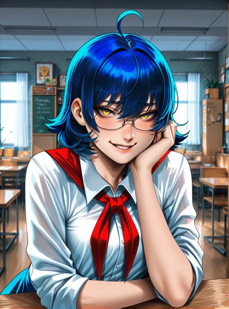 by j.k:0.6, by hoshi san 3:0.1,artist:Sakimichan:0.5, 1girl, solo, zhenya_es, blue hair, short hair, ahoge, glasses, yellow eyes, white collared shirt, red neckerchief, blue skirt, view, sitting, leaning on table, hand to cheek, indoors,looking at viewer, upper body, smirk, squinting, (masterpiece),depth of field, (best quality), (ultra-detailed), amazing quality, very aesthetic, illustration, perfect composition, absolutely eye cathing,  intricate details, absurdres, incredibly absurdres,   <lora:Zhenya_ES_IL_v1:0.7>