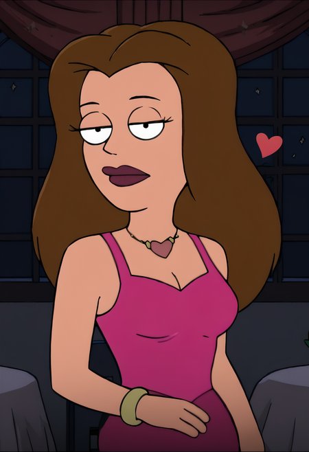 , looking at viewer, score_9, score_8_up, score_7_up, score_6_up, score_5_up, score_4_up  <lora:LisaSliverPony1.0:1>lisasilver, jewelry, brown hair, dress, long hair, necklace, 1girl, bracelet, breasts, lipstick, window, cleavage, heart, makeup, solo, medium breasts, flat color, purple dress