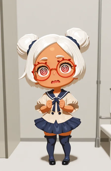 <lora:anatomy_helper:0.8> 1girl, solo, fitting room, full body, surprised, wavy mouth, open mouth,  @_@,,Cradling face with both hands, 3d,
<lora:LilPurah-IL:0.8> prhmini, red eyes, red-framed eyewear, red-framed eyewear, dark-skinned female, white hair, double bun, chibi, cruise staff outfit, sailor collar, blouse, skirt, thighhighs, shoes, ribbon, extremely detailed, highres, masterpiece, best quality