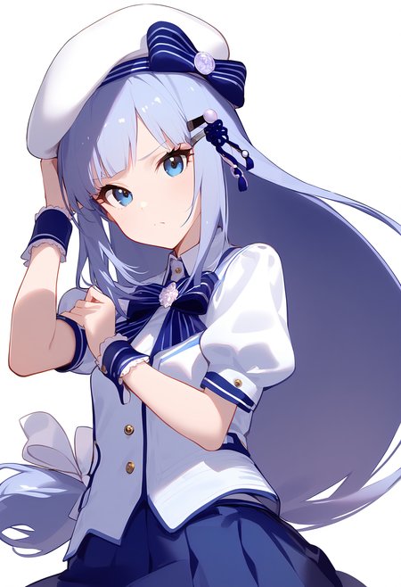 1girl,
shiraishi tsumugi,


grey hair, low-tied sidelocks, holding, hat bow, shirt, hairclip, simple background, bowtie, blue skirt, looking at viewer, puffy short sleeves, hand on headwear, white bow, wrist cuffs, light frown, hat, hand up, skirt, short sleeves, pleated skirt, closed mouth, blue bow, long hair, white hat, sidelocks, white bowtie, bow, blue bowtie, blue eyes, beret, solo, white shirt, hair ornament, white background, puffy sleeves,

sfw
<lora:a31_char_new_shiraishi_tsumugi-000020:1> <lora:a31_style_koni-000010:0.8>