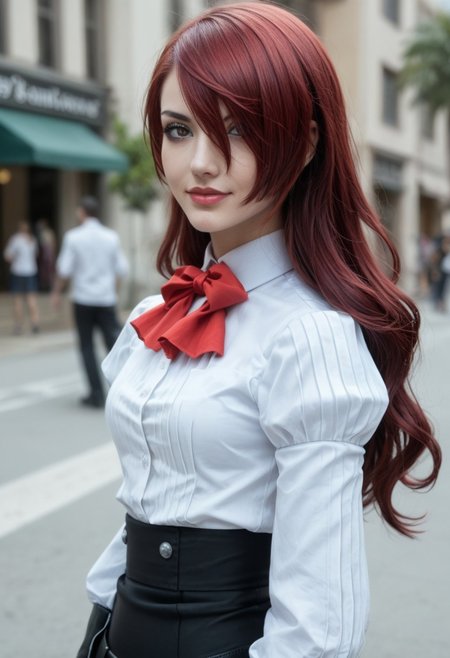 score_9, score_8_up, score_7_up, face focus, 
p3mitsuru, kirijou mitsuru, long hair, red hair, hair over one eye, p3mitsuru-winuni, gekkoukan high uniform, white shirt, long sleeves, puffy sleeves, bowtie, red bowtie, skirt, black skirt, knee boots, black footwear, beautiful face, extremely attractive face, eyeshadow, perfect body, bombshell, perfect waist-hip ratio, fit body, sexy body, thick lips, puffy lips, kissable lips, sultry expression, one hand on hip, one hip jutting out, highly detailed skin,
summer beach background, depth of field, dynamic angle, photo realistic:1.4, realistic skin:1.4, fashion photography, sharp, analog film grain, view from front, full body shot, wide angle, skinny, slim, makeup, mascara, lip gloss, closed mouth, ImgFixerPre0.3, zPDXLrl, (((perfect face:1.3))), perfect eyes, perfect nose, perfect mouth, perfect lips, smirk, standing, view from above),