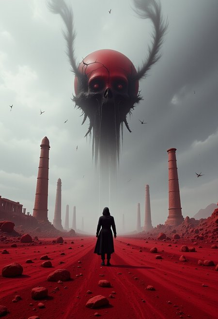 In an endless, blood-red plain, ruins of once-mighty structures fade into the void. The sky cracks like glass, revealing a darkness that hungers for life. A faceless figure, its skin fractured in black fissures, floats above the ground. A whisper in a forgotten language echoes in the emptiness.