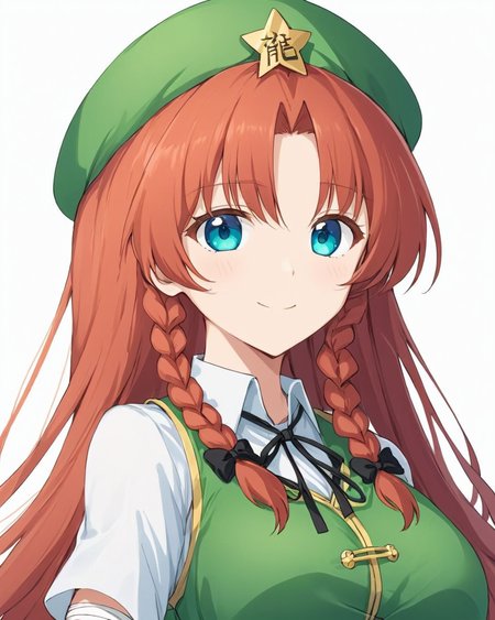 hong meiling,1girl, solo, star_hat_ornament, white_background, star_\(symbol\), looking_at_viewer, twin_braids, bandages, simple_background, upper_body, green_headwear, smile, beret, closed_mouth, breasts, black_ribbon, chinese_clothes, vest, white_shirt
<lora:hong_meiling_image3632_2023-12-11-000004:1>,star-shaped_pupils,symbol-shaped_pupils,. gorgeous,key visual, vibrant, studio anime,award-winning, professional, highly detailed,high budget, cinemascope