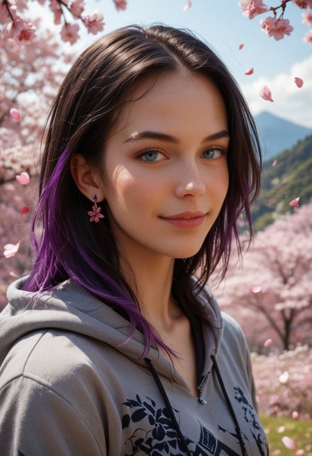 score_9_up, score_8_up, score_7_up, score_6_up, 1girl, 25 years old, perfect face, (adult:1.2), sexy,
(three quarter view), detailed face, portrait, face focus, depth of field, looking at viewer, blush, shy smile, close up, 
blue eyes, 
multicolored hair, black hair, purple hair, stud earrings, purple earrings,
hoodie, grey hoodie, print hoodie, 
day, blue sky, cherry blossoms, falling petals, outdoors, spring (season), wind, scenery, mountain, nature
