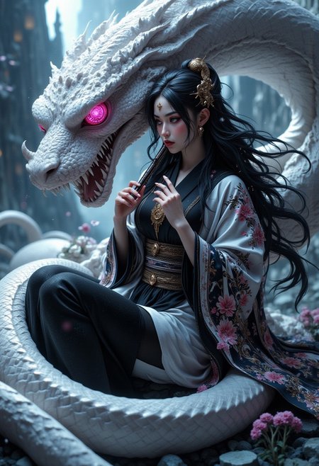 An1meL1nes, Face close up, gorgeous perfect eyes, highly detailed eyes, glossy lips. digital fantasy artwork featuring a woman with long black hair and pale skin, sitting amidst a large, white serpent with glowing pink eyes. The woman is wearing a black and white kimono with intricate patterns, and she holds a flute to her lips. The background is a mystical landscape with rocky formations and a soft, ethereal light. The composition is dynamic, with the serpent coiling around the woman, creating a sense of movement and tension. The overall color palette is cool, with shades of white, black, and hints of pink, enhancing the otherworldly atmosphere. (maximum ultra high definition image quality and rendering:3), maximum image detail, maximum realistic render, (((ultra realist style))), realist side lighting, , 8K high definition, realist soft lighting, (amazing special effect:3.5). <lora:FluxMythAn1meL1nes:1>