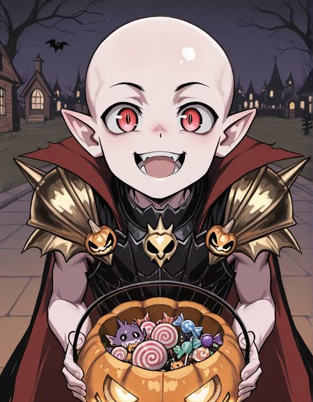 (2D,masterpiece,best quality,amazing quality,very aesthetic,high resolution,looking at viewer,ultra-detailed,1 boy,solo,source_anime,cute,lovely,Halloween,night),Mannfred von Carstein,vampire,bare arms,black armor,gold shoulder armor,cape,shine bald,pale skin,glowing red eyes,short_pointy_ears,spike,fang,open mouth,smile,jack-o'-lantern ornament,holding jack-o'-lantern bucket with candy,bat,<lora:Mannfred_von_Carstein:1>, <lora:ValbunStyle-IL:0.4>