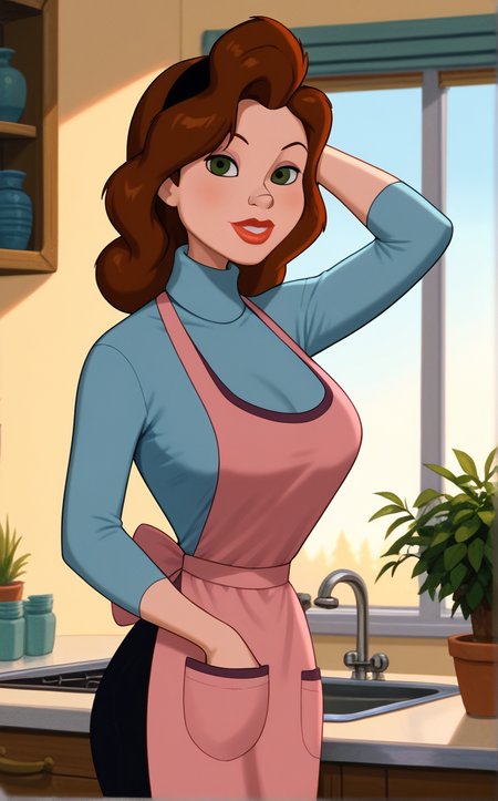 score_9, score_8_up, score_7_up, absurdres, hand in own hair, standing, arm up, solo, looking at viewer, window, indoors, parted lips, plant, cowboy shot, shiny skin, backlighting,potted plant, indoors,<lora:PONYXL_IronGiant_AnnieHughes_ownwaifu:1>, BREAK BlueShirt_AnnieHughes_ownwaifu, 1girl, apron, black belt, black hairband, black pants, blue shirt, blue sweater, breasts, brown apron, brown hair, curly hair, eyeshadow, green eyes, large breasts, leggings, lips, lipstick, long hair, long sleeves, makeup, mature female, nose, pink apron, pocket, red lips, turtleneck,  turtleneck sweater,<lora:add-detail-xl:0.15>,