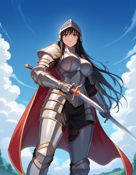 score_9, score_8_up, score_7_up, source_anime, <lora:yui-kotegawa-darkness-ponyxl-lora-nochekaiser:1>, yui kotegawa, black hair, brown eyes, long hair, large breasts, <lora:knight-ponyxl-lora-nochekaiser:1>, knight, armor, cape, sword, weapon, holding weapon, shoulder armor, gauntlets, helmet, pauldrons, red cape,, blue sky, clouds, from below, parted lips, looking at viewer