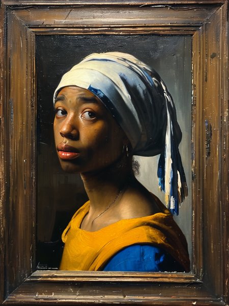 masterpiece,best quality,<lora:tbh122-sdxl:0.9>,portrait of man,oil painting,style of Jan Vermeer,black people