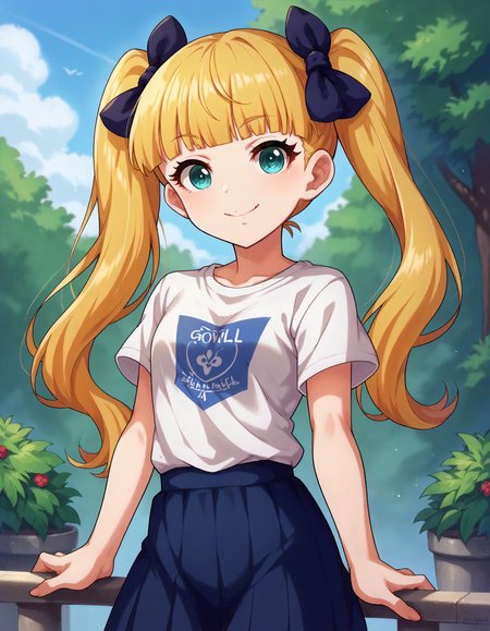 score_9,score_8_up,score_7_up,1girl,solo,cowboy shot,looking at viewer,smile,closed mouth,outdoors,
<lora:marycochran_ponyXLV6:0.8>,cgmary,
blonde hair,twintails,blunt bangs,aqua eyes,
hair bow,T-shirt,skirt