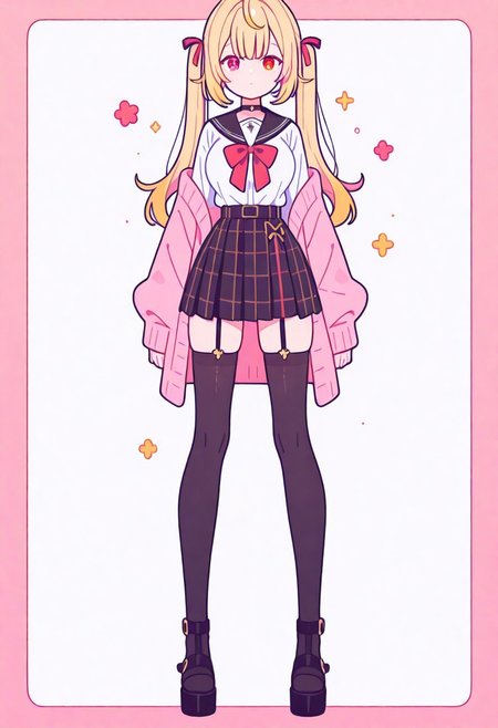 Flatline, Flat vector illustration, looking at viewer, full_body, 
nijisara, large breasts, heterochromia, red eye, yellow eye, blonde hair, ltwintails, hair ribbon, long sleeves, red bow, pink cardigan, black thighhighs, plaid skirt, red ribbon, black choker, garter straps, school uniform, 
beautiful breasts, slim, slender, fair skin, clear skin, beauty skin, smooth skin, shiny skin, beautiful legs, long legs, sandals, 
from front, front view, straight-on, look at viewer, standing, (legs apart:1.4), 
white background,