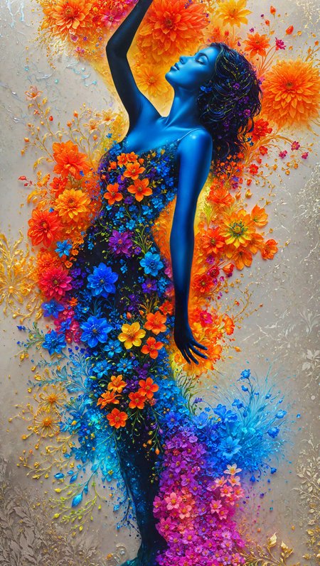 Silhouette Art, breathtaking (vibrant photorealistic uv style on parchment extravaganza alcohol ink sketch:1.2), (a beautiful refined adorable young   graceful goddess :1.3).
(shapely figure, noble bearing, posing in her usual elegant and relaxed manner. delicate sophisticated alluring and (cheerful look):1.2). beautiful hands .
(Floral hues color scheme with rare fine glossy shiny gold  accents  :1.01). ((highly detailed real life flowers) , vibrant faetastic floral extravaganza, 
a lot of various flowers, small flowers, big flowers, red, flowers, blue flowers, orange flowers, yellow flowers, violet flowers, , green flowers, green stems and leaves, shiny vivid colored particles,  glowing dust and pollen. colorful splashes and splatters and droplets around, (shadows under flowers). floral patterns in background:1.3),
(Sleek, modern, award-winning, fine volumetric abstract composition, highly detailed. extremely high-resolution details, photographic, realism pushed to extreme, fine texture, incredibly lifelike, dark, high contrast:1.2). 
raward-winning, professional, highly detailed, high contrast, well defined, Silhouette Art   <lora:detailed_notrigger:1.7> <lora:artfullyCOLORS2_SDXL_V1:0.82>  <lora:FaeTastic:0.7>  <lora:InkArtXL_1.2:0.7> <lora:zavy-cntrst-sdxl:0.9>