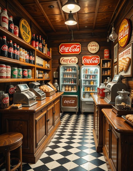 A vintage 1950s grocery store filled with nostalgic details. Wooden shelves neatly stocked with classic canned goods, glass soda bottles, and colorful retro packaging. An old-fashioned cash register sits on the wooden counter, next to a small scale for weighing produce. The checkered black-and-white tile floor adds to the mid-century charm, while hand-painted signs on the walls advertise milk, bread, and coffee in bold, retro fonts. A display of penny candy in glass jars sits near the entrance, and a vintage Coca-Cola refrigerator hums in the background. Soft, warm lighting casts a nostalgic glow over the scene, enhancing the rich textures of wood, glass, and metal, capturing the essence of a bygone era.
<lora:SDXLFaeTastic2400:0.4> <lora:extremely_detailed:0.4> extremely detailed
,1950s grocery st0r3, <lora:1950s_grocery_st0r3-i:1>, Masterpiece,best quality,hi res,8k,hi res,8k,award winning,(sharp focus, intricate, highly detailed),