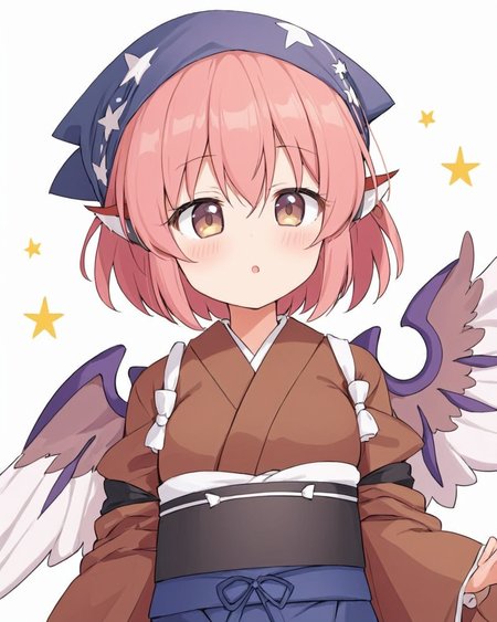 mystia lorelei,1girl, solo, okamisty, kappougi, white_background, simple_background, bird_wings, head_scarf, white_wings, dated, blush, long_sleeves, looking_at_viewer, brown_kimono, frills, open_mouth
<lora:mystia_lorelei_image8444_2023-12-14-000007:1>,star-shaped_pupils,symbol-shaped_pupils,. gorgeous,key visual, vibrant, studio anime,award-winning, professional, highly detailed,high budget, cinemascope