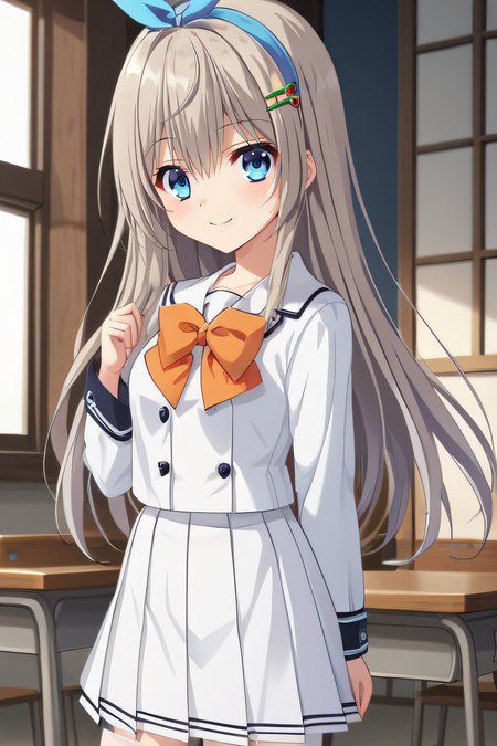 score_9, score_8_up, score_7_up, source_anime, rating_safe, intricate details, anime screencap, official style, 1girl, solo, <lora:Sagisawa_Arisu:1>, arisu, grey hair, blue eyes, long hair, blue_hair_ribbon, hairband, hairclip, serafuku, school uniform, white shirt, long sleeves, orange bow, white skirt, pleated skirt, thighs, white thighhighs, looking at viewer, smile, indoor, cowboy shot