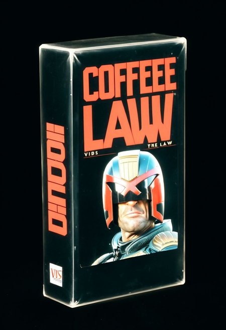 vhs-box, text focus, english text, "I AM THE LAW" text, vhs casette, retrowave, BREAK  judge dredd movie vhs box, jdgdrdd on the cover,  helmet, red eyes, coffee cup, military uniform, BREAK red stripes, sans serif font, retro, logo parody, vhs black case, E-180, logo parody, VHS, "COFFEE" text, handwriting, masking tape overlay, object focus