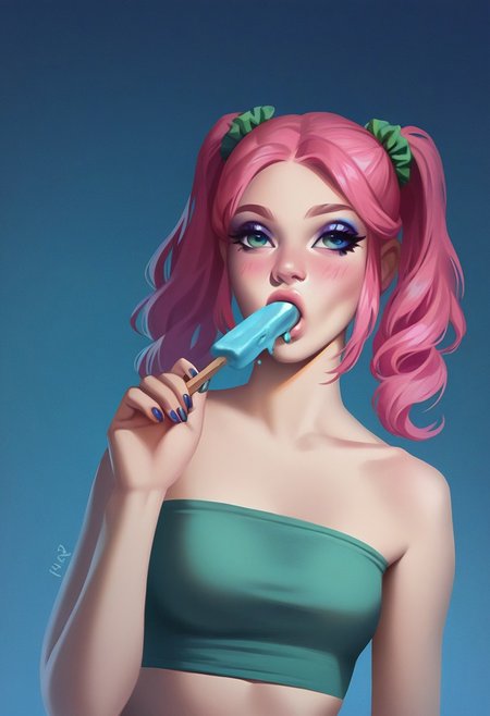 score_9, score_8_up, score_7_up, 0l3sy4sp1tz,Olesya Spitz,Olesya Spitz art style, masterpiece, best quality, 1girl, solo, skinny, flat breasts, blue eyes, pink candy hair, two pigtails, green elastic scrunchie, makeup, green eye shadows, (black long eyes arrows), blush, T-tube top BREAK sucking green popsicle, popsicle in mouth, BREAK medium shot, blue background