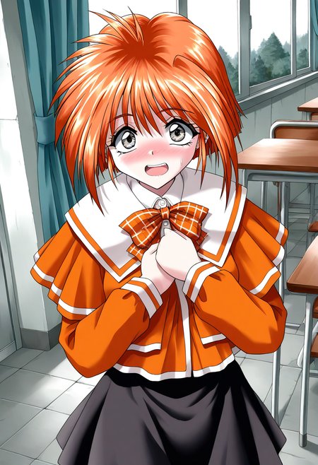 general,highres, ultra-detailed,very aesthetic,best quality ,best hands, BREAK <lora:Kawahara_Ayano_Akumu_AoiKajitsunoSange_IS:1>
Kawahara_Ayano, 1girl, solo, short hair, orange hair, small breasts, gray eyes, bangs, 
open mouth, embarrassed+surprised,
smile,
orange school uniform, plaid skirt,  white and black skirt, 
ribbon,  hands on own chest,  
braid, plaid bow, forest,  long sleeves, 
class room, curtain,