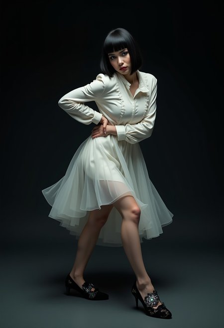 glamour photography of A hyper-realistic full-body photo of a turkish woman with a sleek black bowl-cut hairstyle, her razor-sharp bangs perfectly concealing her eyes, casting a mysterious shadow across her porcelain-like skin. Her pale, glossy complexion gleams with an oily finish, giving her an ethereal, avant-garde presence. She dons a Ballets Ruffled Dress in crisp, immaculate white, crafted from a luxurious blend of cotton and polyester. The dress features full sleeves, a stand collar, a single-breasted closure, and cascading ruffles that add delicate charm to its casual yet surreal design. Her feet are adorned with black leather high-heel shoes embellished with surreal iridescent floral patterns, shimmering like jewels under soft, focused lighting. She strikes a dynamic, avant-garde pose, her body tilted slightly with one arm extended gracefully while the other rests near her waist, exuding elegance and controlled intensity. The background is a deep, pitch-black void illuminated by glowing, sparkling golden grills that form intricate geometric patterns, creating a dramatic, high-fashion atmosphere. The photo captures every fine detail, with fluid lines and soft shading bringing out stunning clarity and depth, inspired by Alexander McQueen's visionary designs.