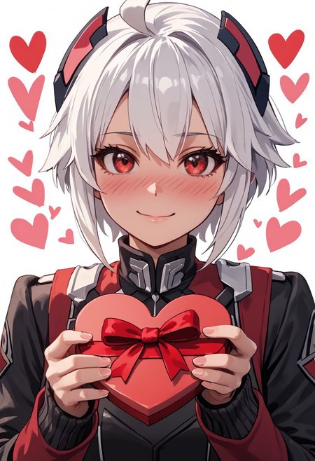 score_4,score_5,score_6,score_7_up,score_8_up,score_9 ((masterpiece,best quality,ultra detailed,highres,HD,4k:1.2)), 
1girl, solo,solo focus,girl focus,face focus,
Copen(GV),white hair, ahoge, short hair,sidelocks,red eyes, dark eyes,highlight off,Eyes without highlights,head gear,
upper body,
pov,from the front, front view, front angle, 
Happy Valentine's Day, Valentine's chocolate, holding wrapped chocolate, 
heart background, 
full face blush,Embarrassing,smile,closed mouth,
