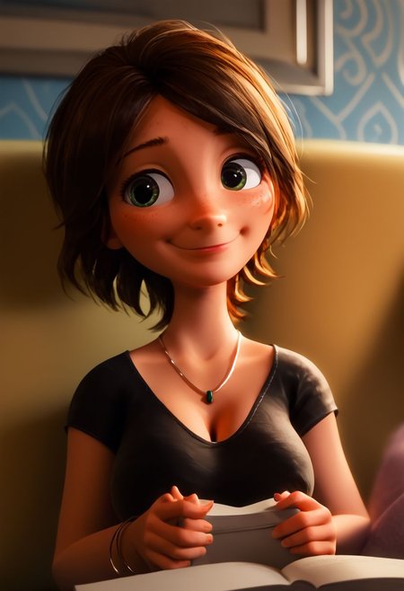 intricate details, score_9, score_8_up, score_7_up, score_6_up, score_5_up, source_anime, <lora:AuntCassBH6Pony1.0:1> auntcass, 1girl, brown hair, short hair, solo, black shirt, blurry background, laying  on couch, reading a book, (big breasts), ((deep cleavage)), top down view, looking toward viewer,  <lora:OtherStyle_03:0.5>,  <lora:The_last_of_us_Style:0.3> <lora:pony_good_hands:1> good_hands, better_hands, 3D, cleavage, green eyes, bracelet, holding book, smile, necklace, small mouth