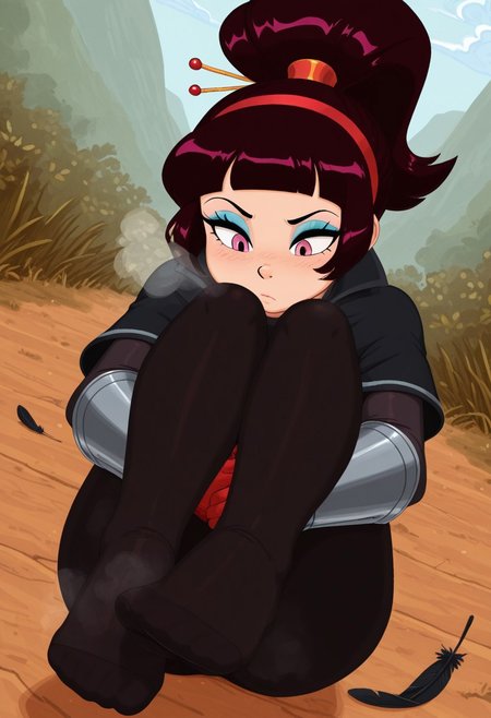 dreamcassette, outdoors, undershirt, falling feathers, black bodysuit, hair stick, hugging own legs, , gauntlets,   eyeshadow,   red gloves,  high ponytail,  , black capelet, red hairband, pink eyes, 1girl, solo, feet, visible breath,   dynamic angle, foreshortening, smell, steam,