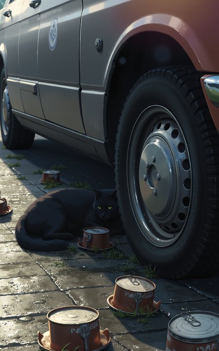A black cat is curled up sleeping beside the front wheel of an old car,with several worn-out metal cans scattered on the ground. The surface is wet and reflective after rain,while soft morning sunlight streams in from the top left,casting gentle shadows. In the background,an abandoned city street corner overgrown with weeds.,<lora:kanime-01:0.8>,kanime,anime,Shinkai Makoto style,