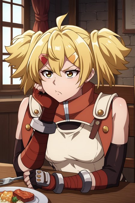 score_9, score_8_up, score_7_up, source_anime,
<lora:OiKatzo_epoch_03:1.0>
OiKatzo, combat-outfit, chair, yellow eyes, 1girl, blonde hair, ahoge, fork, hair ornament, solo, high collar, window, indoors, short twintails, plate, fingerless gloves, twintails, armor straps, table, breasts, gloves, sitting, hairclip, head rest, pout,