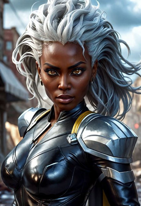 UltUltra detailed digital art masterpiece, Hyperdetailed, hyperrealism, extremely high resolution of Beautiful black Superheroine Ororo Munroe as Storm, Greg Rutkowski style, stands in a bloody, sinister battle in the streets of a ruined city, Realistic brown eyes, wavy grey hair, Intricately designed cool X-Men Superheroine combat costume with X logo, Marvel, X-Men, 8K, deep color, Cinematic Lighting, intricate smooth, sharp focus digital painting, Artgerm, WLOP, Greg Rutkowski, Beautiful 21 years old Ororo Munroe as Storm, Intricately Designed handsome black face, Marvel comics, Realistic combat dirty clothing, perfect whole athletic body, defiant and seductive, Photograph Taken on Nikon D750, Intricate Elegant, Digital Illustration, Scenic, Unreal Engine, CryEngine, Octane Render, 8k, Designed combat clothes, Attractive, Attractive black woman, dramatic lighting, wet and sweaty skin, beautiful firm Breasts, Daylight, Concept art by Greg Rutkowski, adding to the intense and dynamic atmosphere of the scene