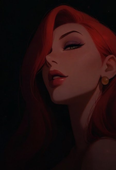1girl, Jessica Rabbit,  solo, dark, light, masterpiece, best quality, very aesthetic,  close up, red hair, parted lips