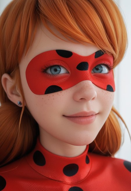 score_9, score_8_up, score_7_up, score_6_up, Miraculous, long hair, 1girl, orange hair, solo, freckles, earrings, perfect eyes, real skin, amateur, photo, solo, perfect face, perfect eyes, sexy, beautiful eyes, petite body, 1girl,  cute,  bright bluebell eyes, looking at viewer, seductive smile, come hither, face closeup, face focus, red mask covering her eyes, red suit with black spots all over her body