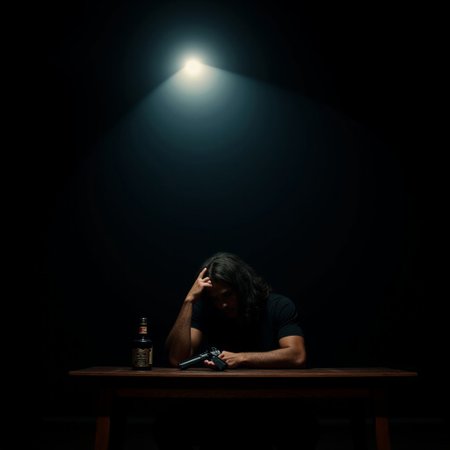 A lone man with long hair is sitting at a table in a dark room, a single light shines from above, his head is down,  one hand is holding a bottle of whiskey that sits on the table, his other hand is down by his side holding a pistol , cinematic